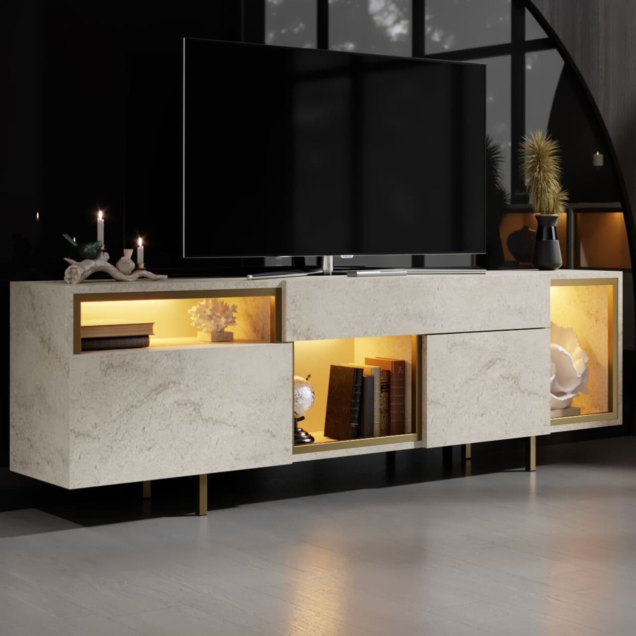 Comoda TV, Hanah Home, Norm, 180x55x32 cm, Travertin / Auriu
