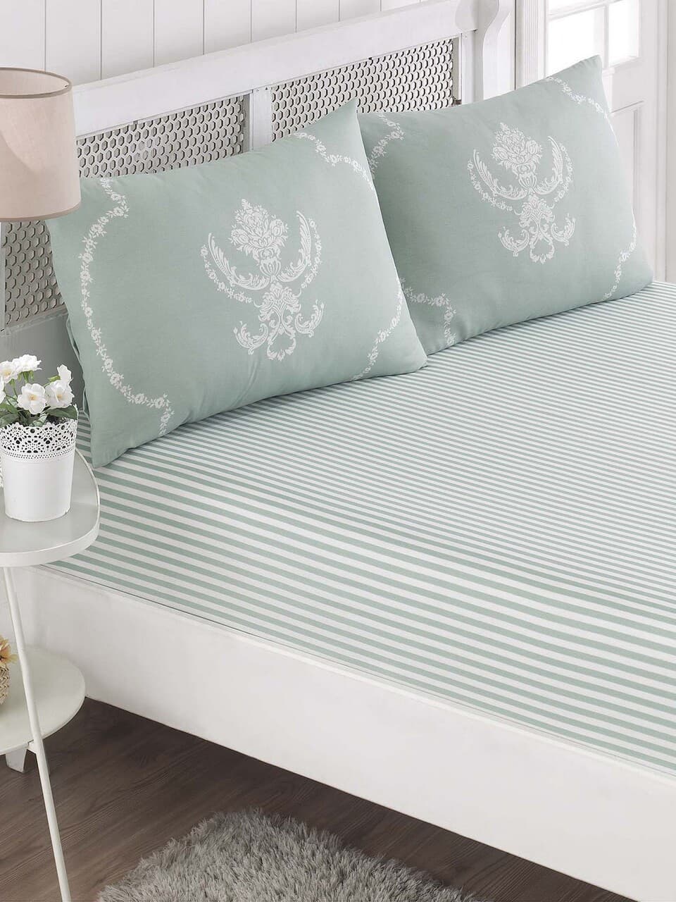 Set de pat dublu (cearceaf cu elastic si perne) 3 piese, L'essentiel Maison, Pure, 65% bumbac/35% poliester, Verde menta