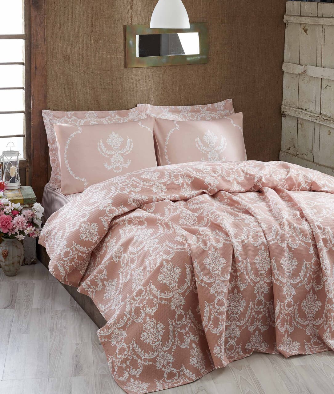 Set cuvertura pique Single 2 piese, L'essentiel Maison, Pure, Bumbac, Pulbere / Alb