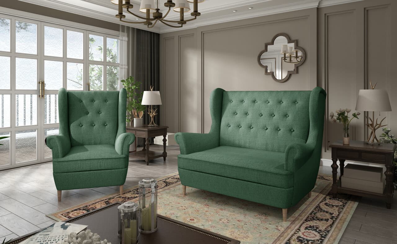 Set fotoliu si canapea 2 locuri ELTAP, Aros, 72x60x100 cm / 150x90x103 cm, lemn/poliester, verde