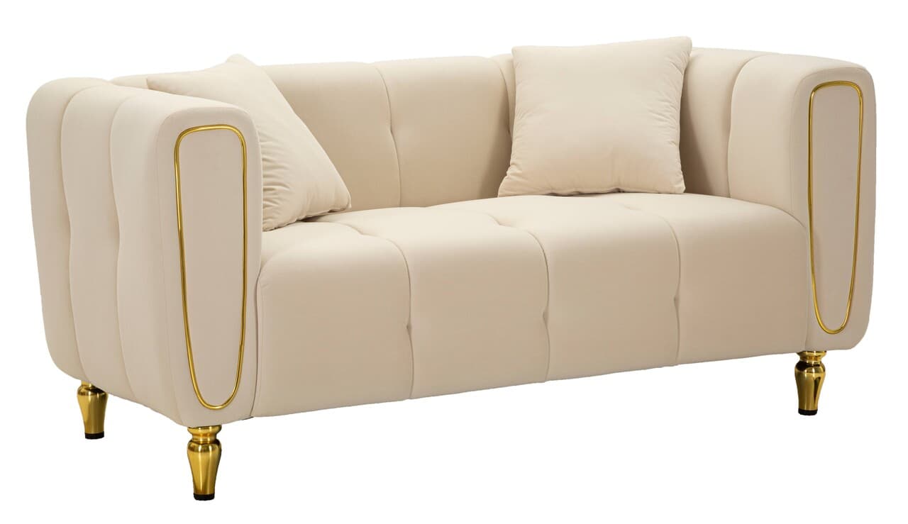 Canapea 2 locuri cu perne Alma, Mauro Ferretti, 155x81x71 cm, eucalipt/pin/catifea, crem/auriu