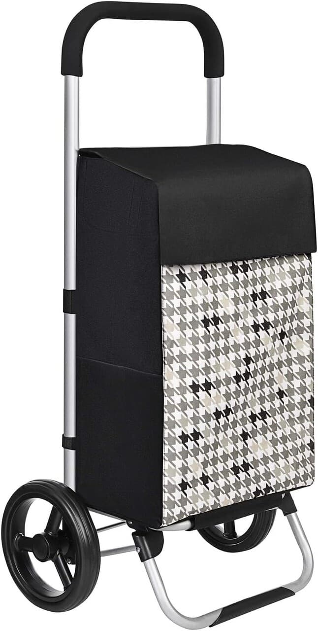 Carucior de cumparaturi 40L Houndstooth Pattern, Songmics, 47x33x97 cm, max 25 kg, tesatura Oxford/aluminiu