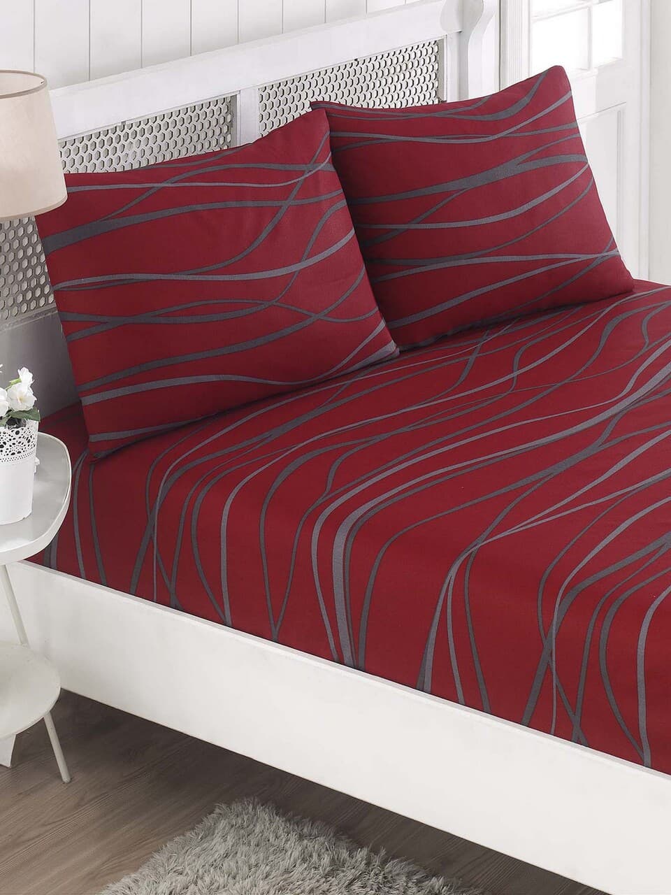 Set de pat dublu (cearceaf cu elastic si perne) 3 piese, L'essentiel Maison, Verda, 65% bumbac/35% poliester, Rosu claret