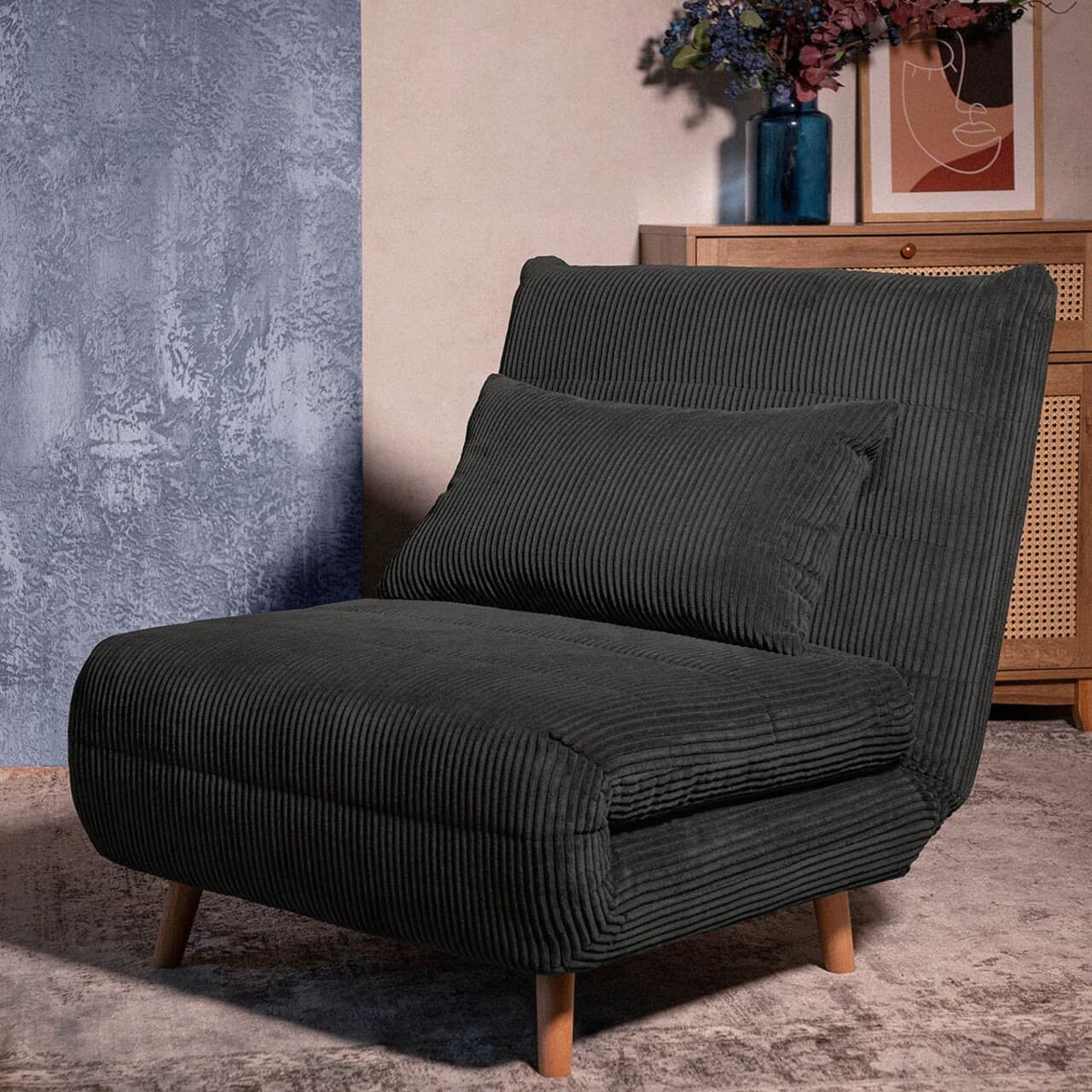 Canapea extensibila 1 loc Solace, Homla, 83x91x84 cm, MDF/catifea din poliester, negru