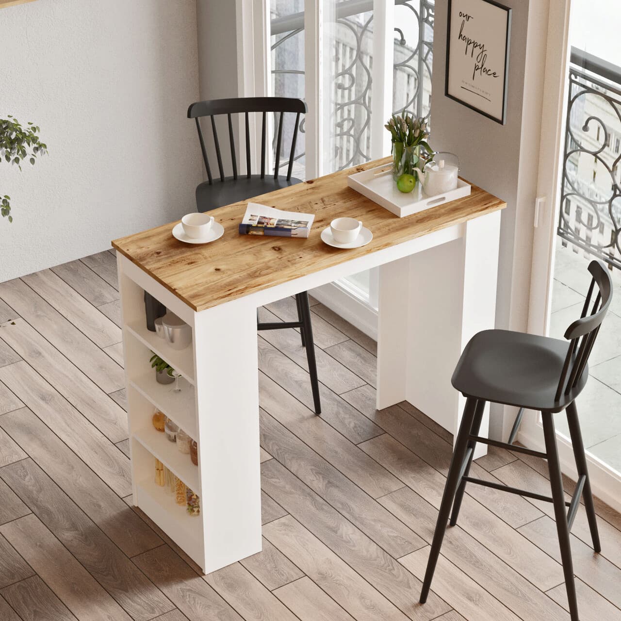 Masa de bar, Hanah Home, St1-Aw, 120x101.8x51.6 cm, Pin Atlantic / Alb
