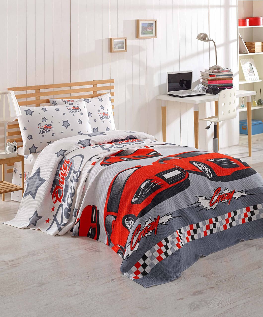 Set cuvertura pique Single, L'essentiel Maison, Crazy, Bumbac, Rosu / Gri / Alb