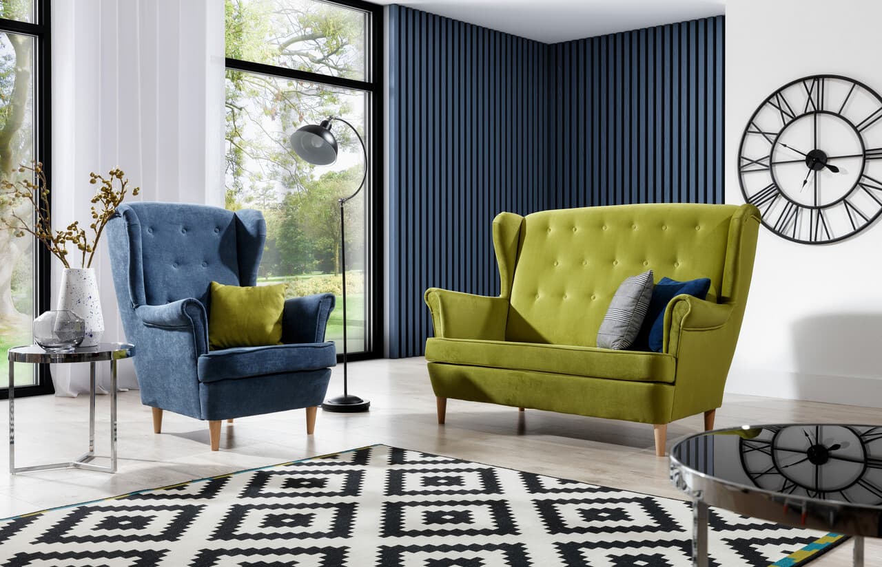 Set fotoliu si canapea 2 locuri ELTAP, Aros, 72x60x100 cm / 150x90x103 cm, lemn/poliester, verde/albastru
