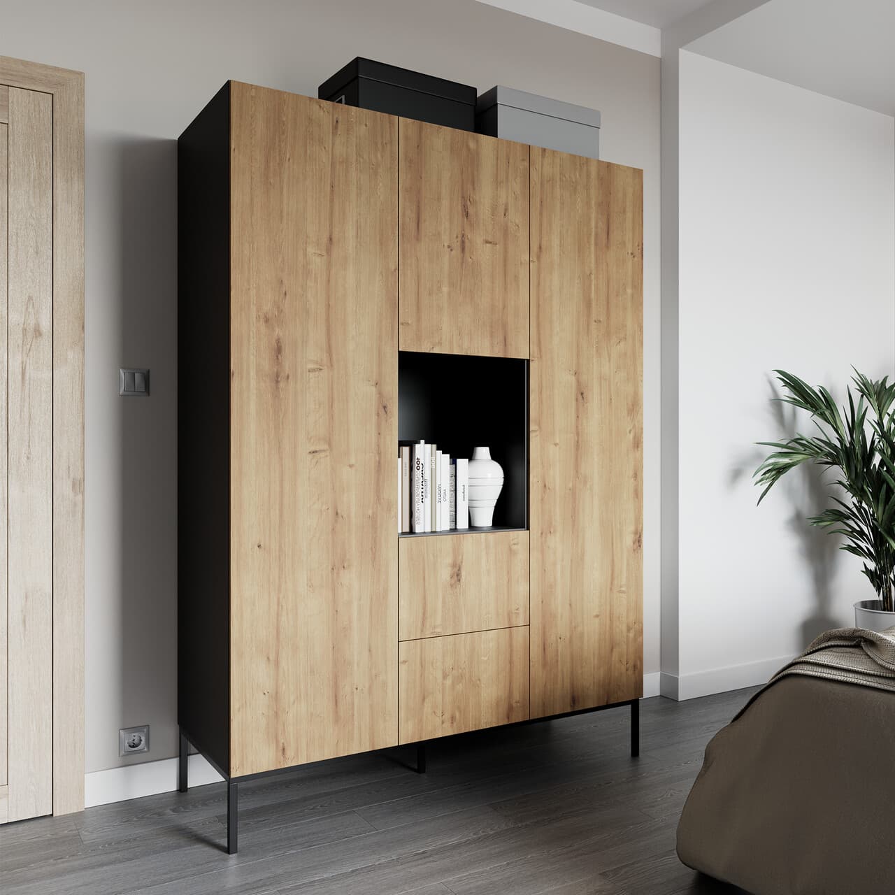 Dulap pentru haine ELTAP, Lanzzi, 135x60x200 cm, MDF laminat, negru/stejar
