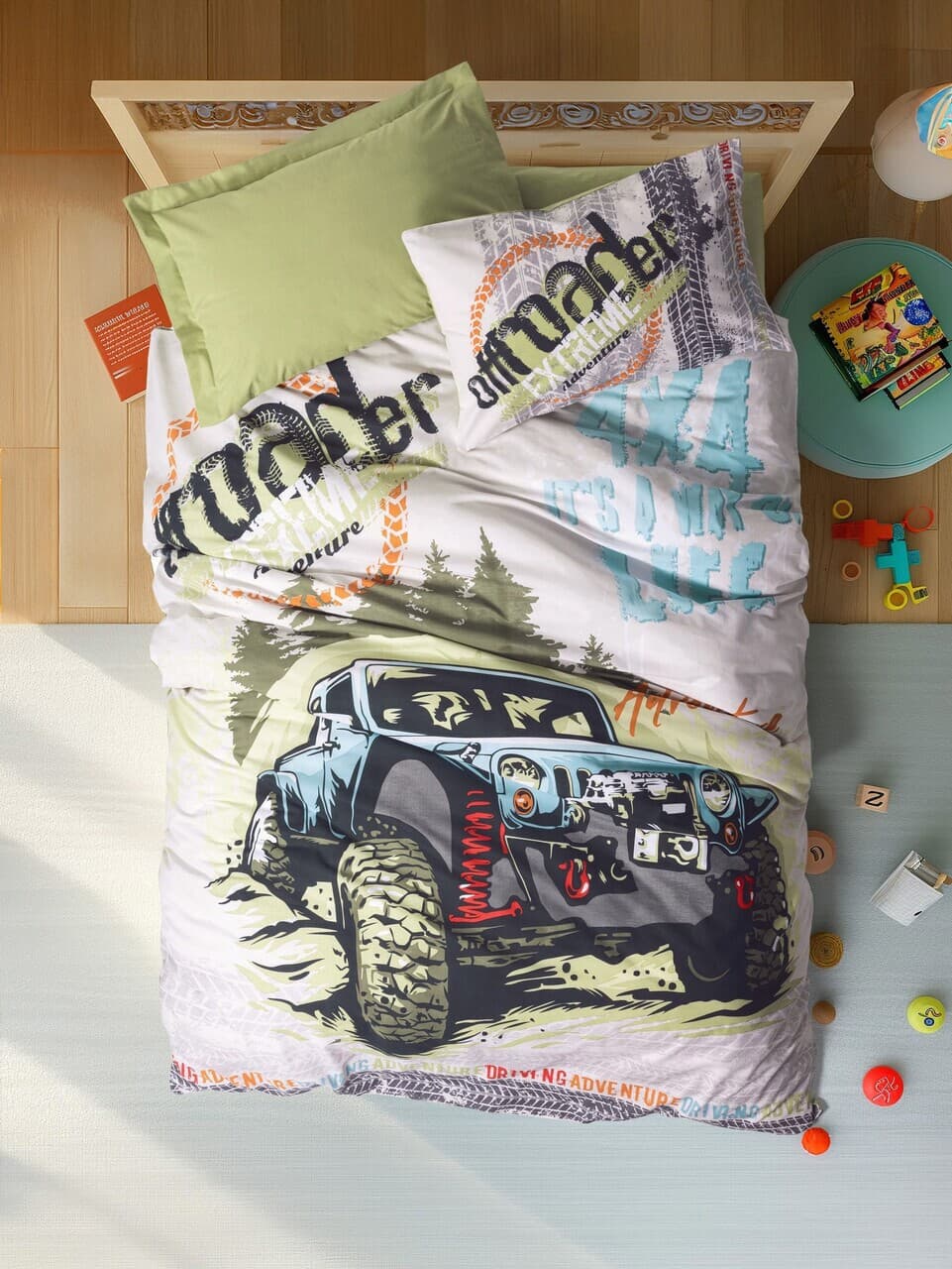 Lenjerie de pat pentru o persoana Young, L'essentiel Maison, Adventure, Bumbac Ranforce, Verde