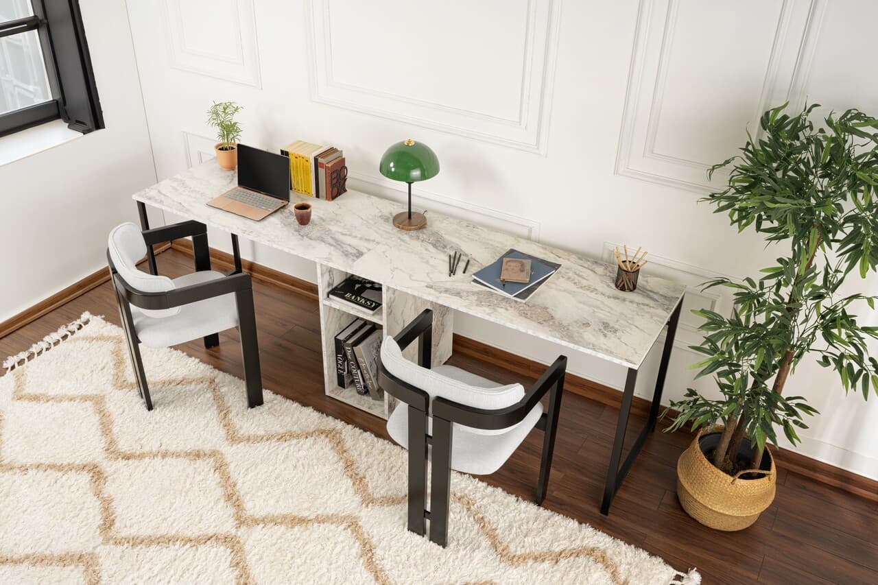 Birou, Hanah Home, Twin Study Desk, 240x74x60 cm, Frezie / Marmura / Negru