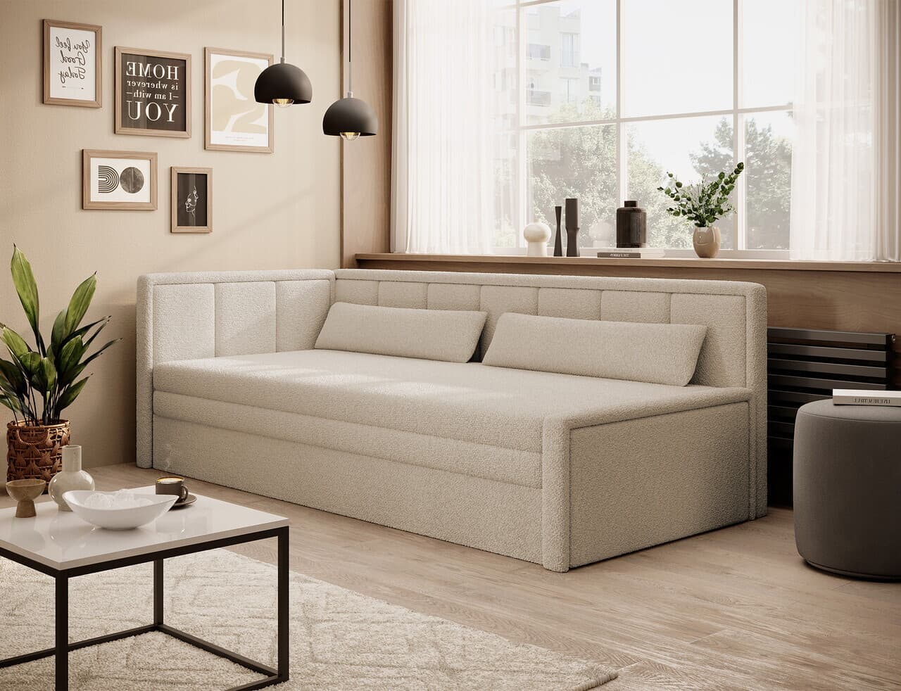 Canapea extensibila brat stanga 3 locuri ELTAP, Fulgeo, 214x82x77 cm, lemn/catifea din poliester, bej