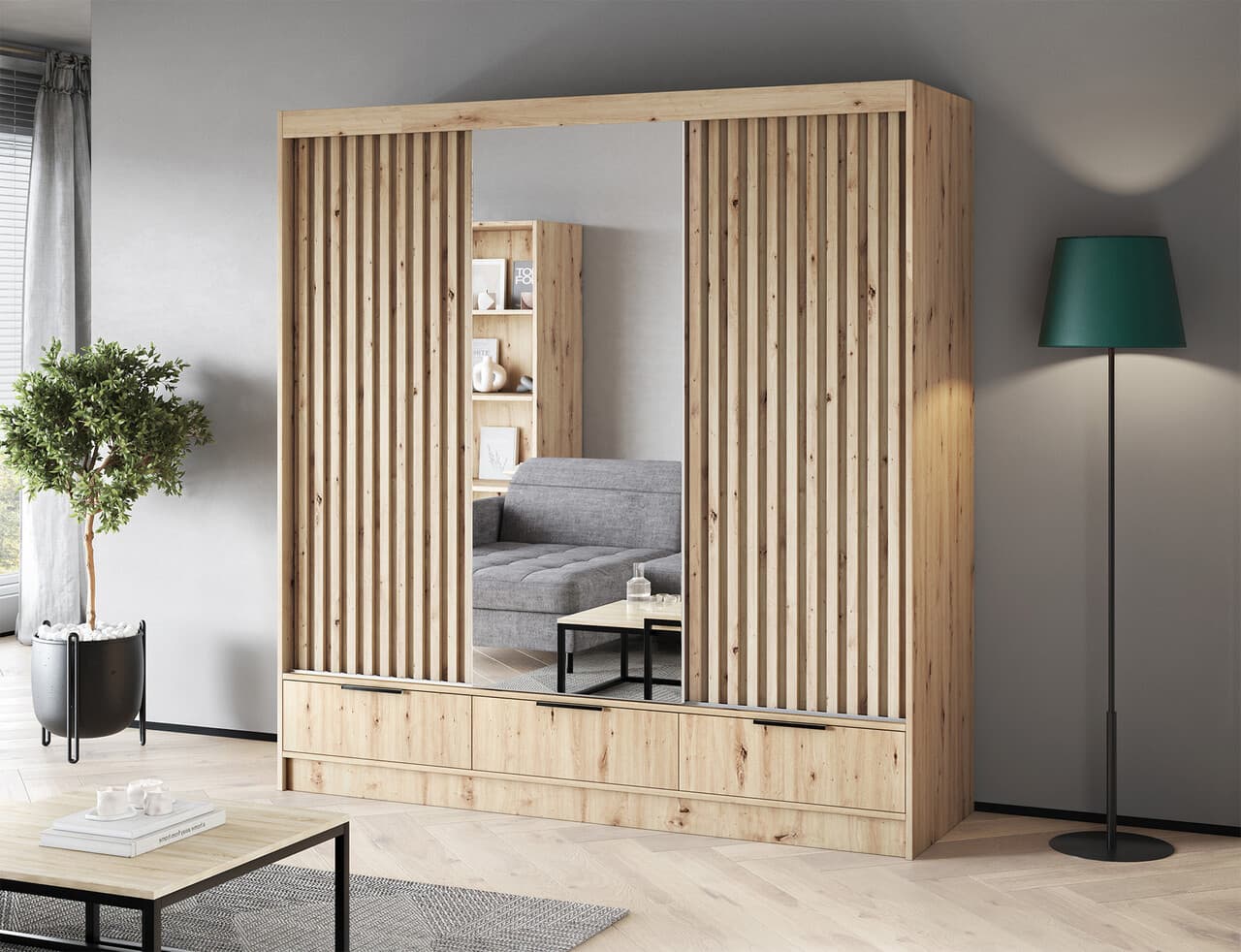 Dulap pentru haine cu oglinda ELTAP, Voodi III, 180x60x204 cm, PAL, stejar