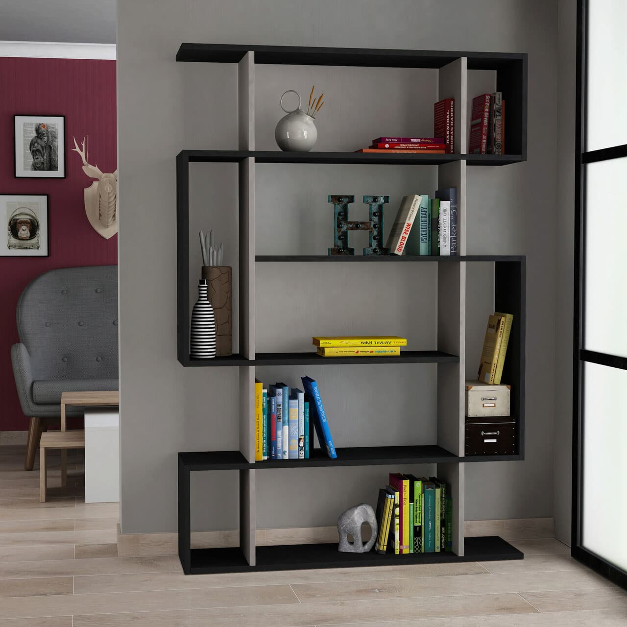 Corp biblioteca, Hanah Home, Mito, 110x161x25.5 cm, Antracit / Maro deschis