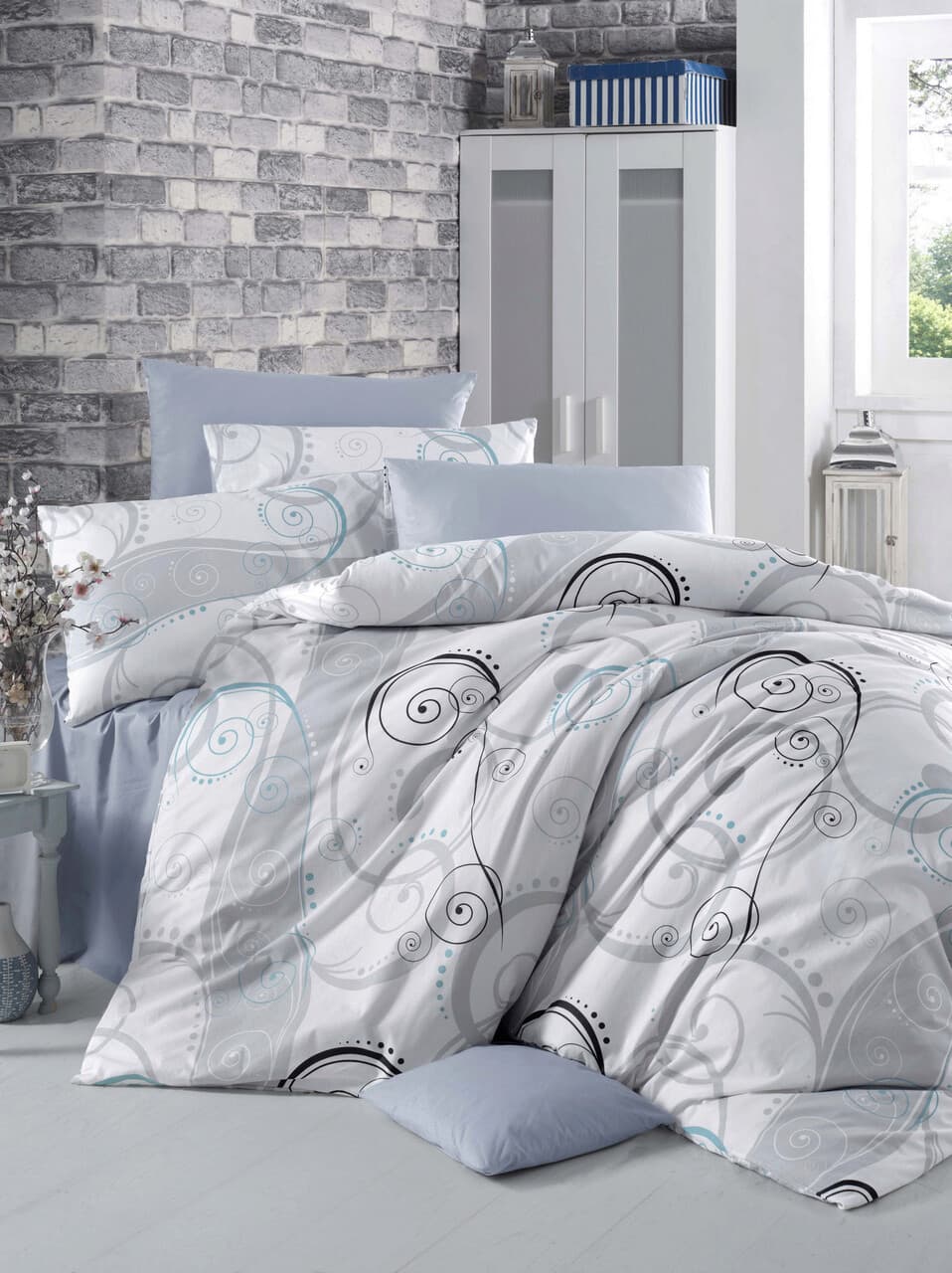 Lenjerie de pat dubla Super King (EU) (IT), L'essentiel Maison, Güliz, Alb / Gri / Negru