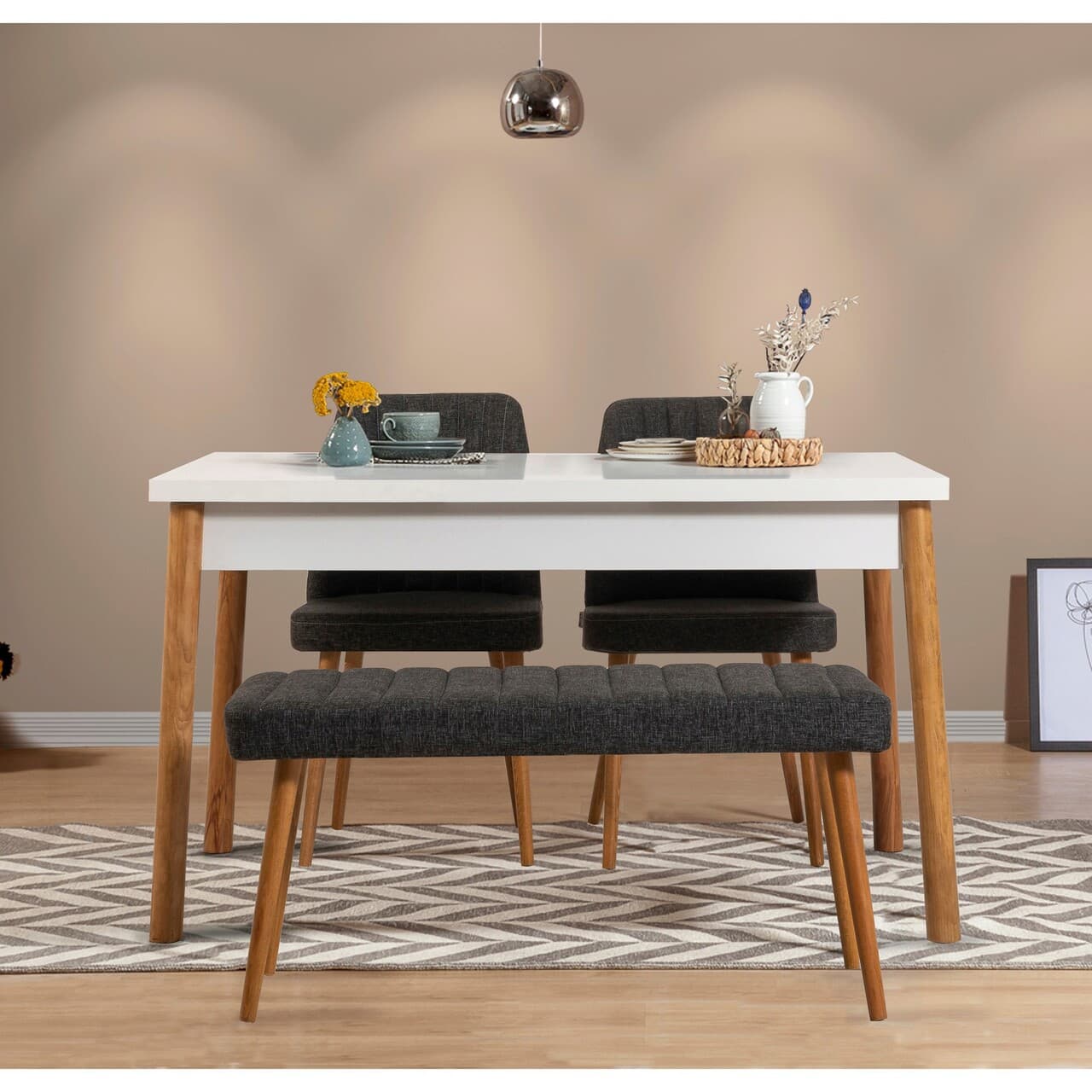 Set masa si scaune, 4 piese, Hanah Home, Costa Atlantic White-Anthracite, Pin Atlantic / Alb / Antracit