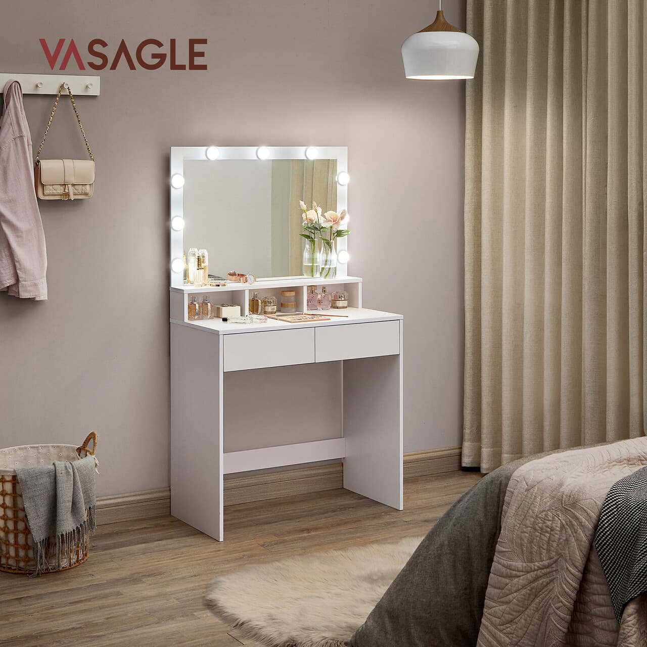 Masa de toaleta cu oglinda cu LED-uri / masuta dressing, Vasagle, 80s40s137.5 cm, MDF, alb