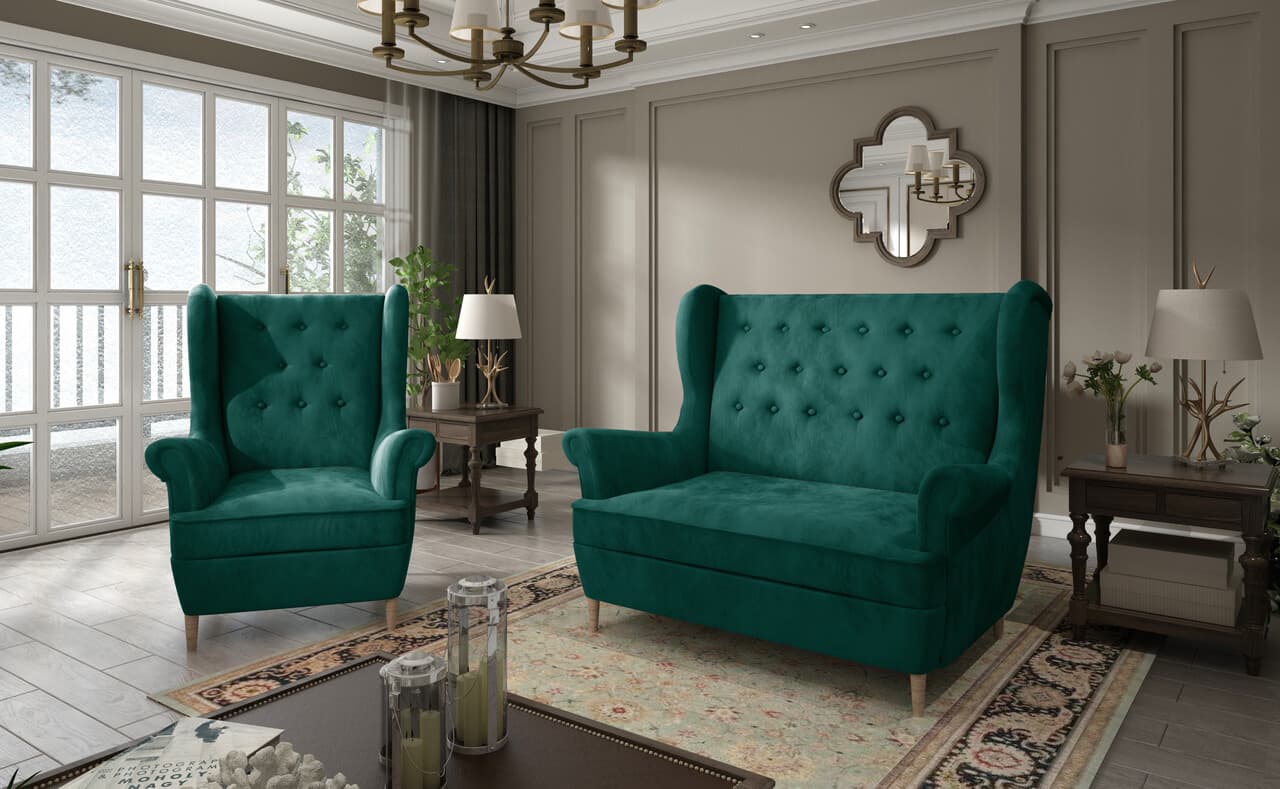 Set fotoliu si canapea 2 locuri ELTAP, Aros, 72x60x100 cm / 150x90x103 cm, lemn/poliester, verde inchis