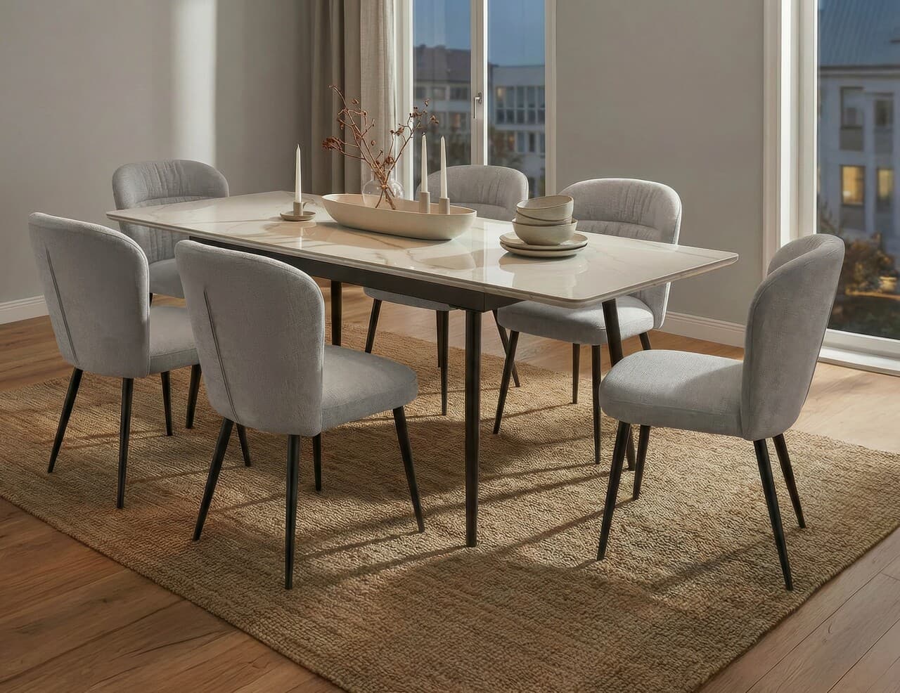 Masa extensibila dining, Mauro Ferretti, Matt, 120-150x80x75 cm, metal/ceramica, negru/alb