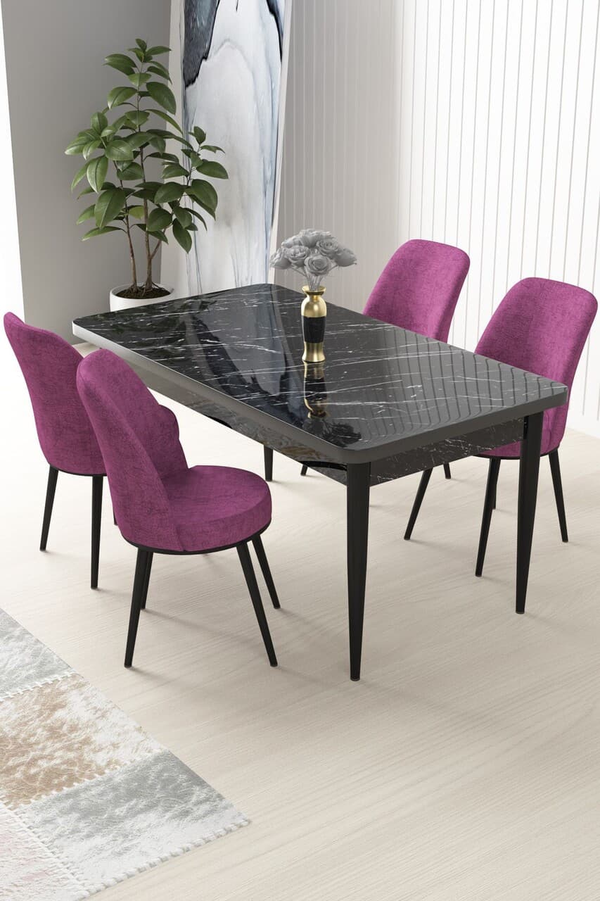 Set masa si scaune (5 bucati), Hanah Home, Nil, Marmura neagra / Violet