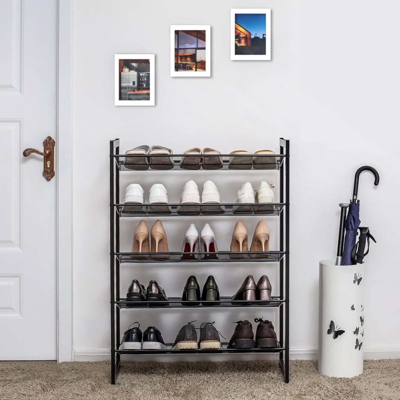 Suport pentru pantofi cu 5 niveluri, Songmics, 20 perechi pantofi, 74x30.7x104 cm, otel, negru