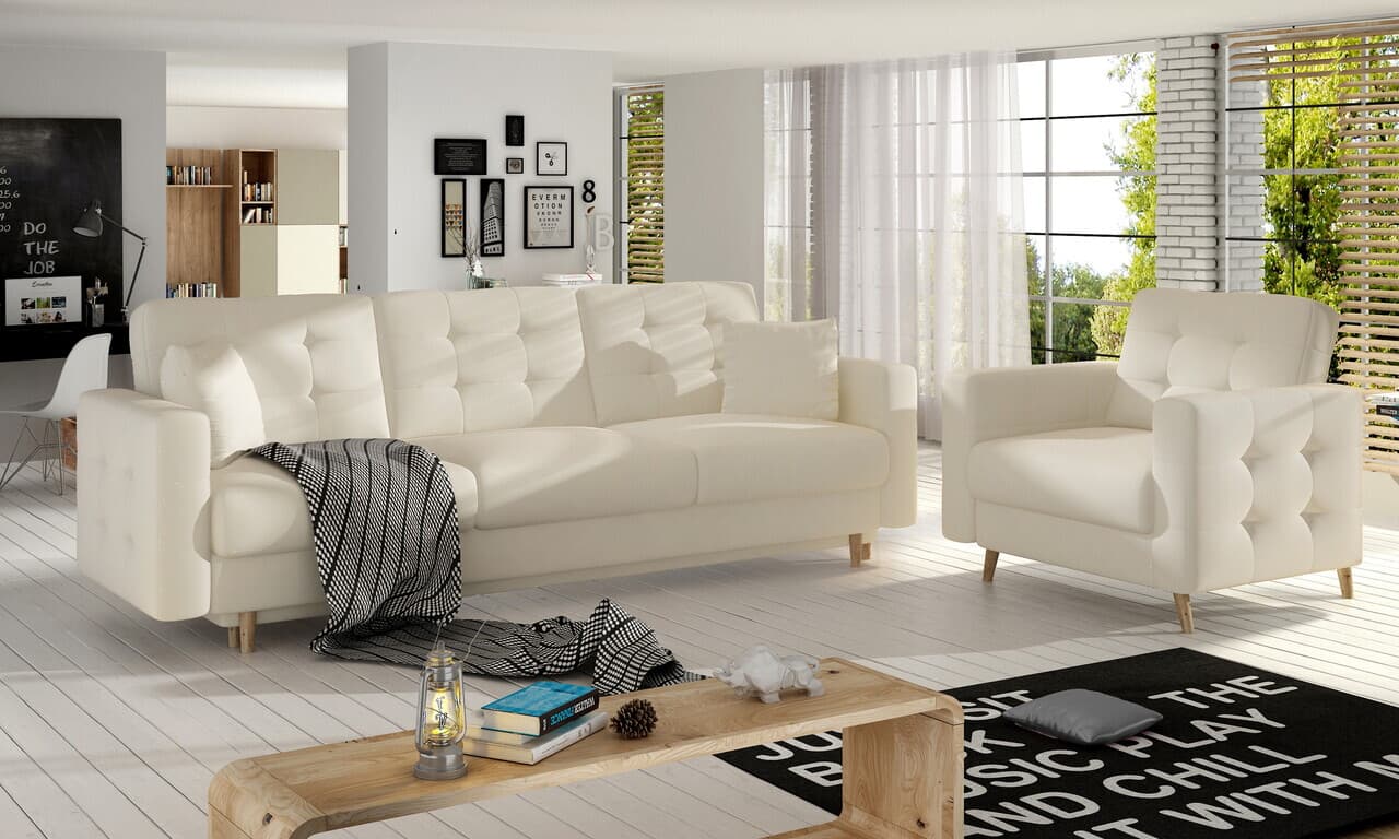 Set canapea extensibila 3 locuri si fotoliu ELTAP, Asgard, 235x95x86 cm / 107x92x86 cm, lemn/poliester, bej deschis
