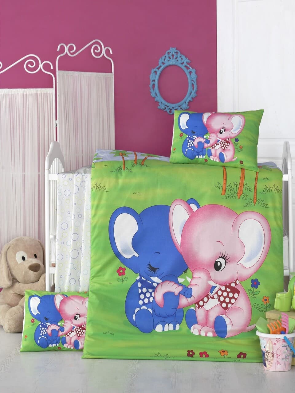 lenjerie de pat pentru copii victoria elephant 4 piese 100 bumbac ranforce verde albastru
