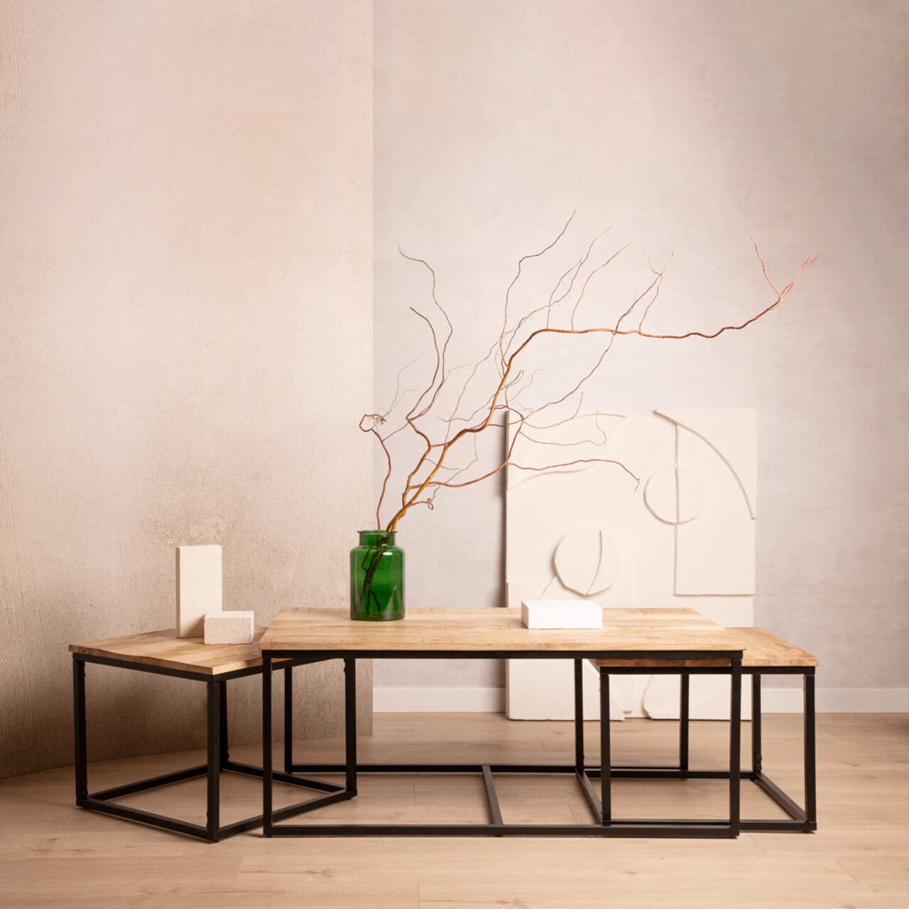 Masuta de cafea Maya, Homla, 110x60x45cm/50x50x40 cm, lemn/otel, natur/negru