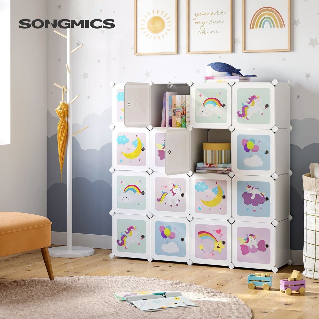 Dulap modular pentru depozitare jucarii, Songmics, 16 compartimente, 123x31x123 cm, ABS/otel, alb