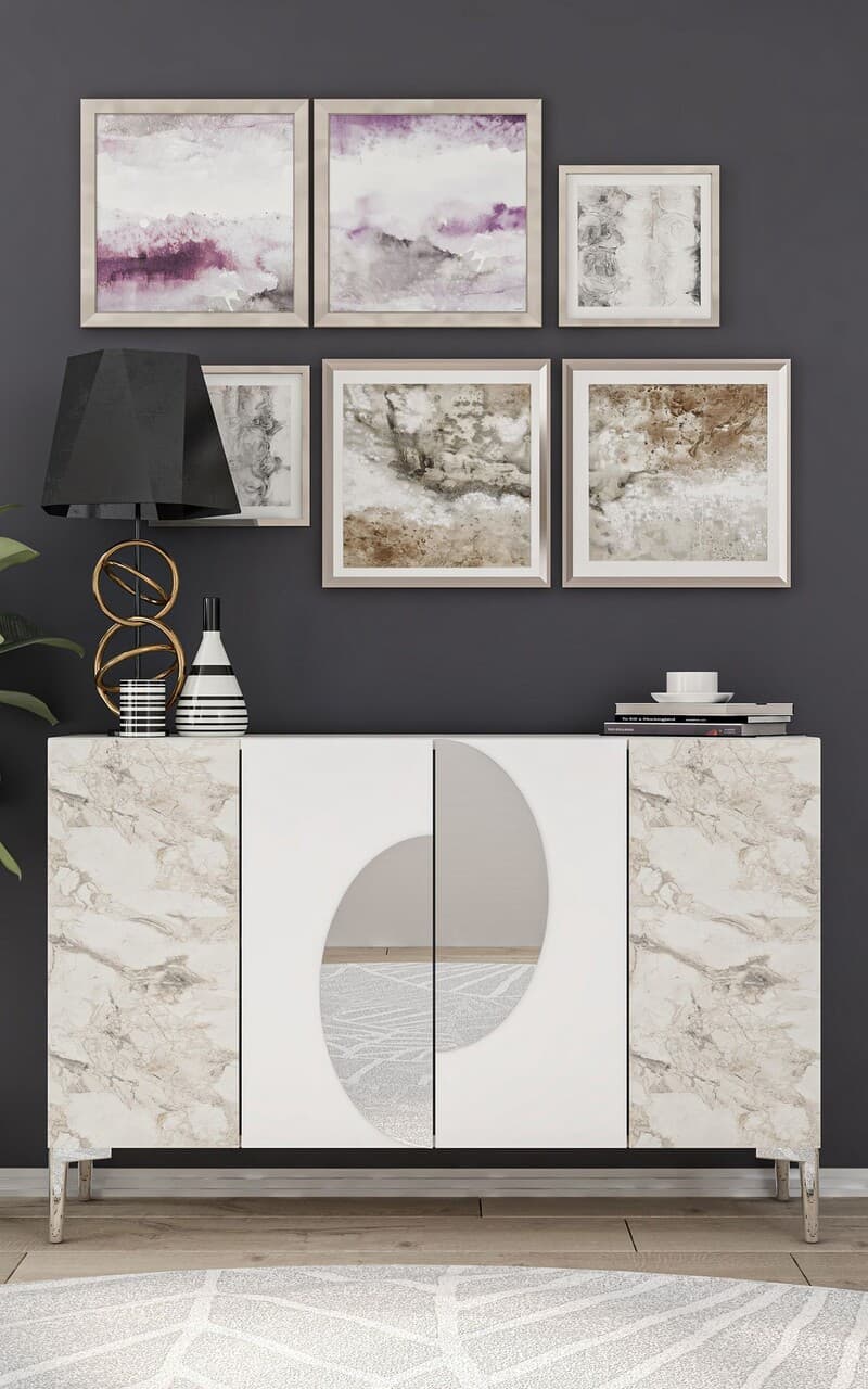 Consola, Hanah Home, Afra KM120, 120x75x29.6 cm, Alb / Marmura Efes / Argint