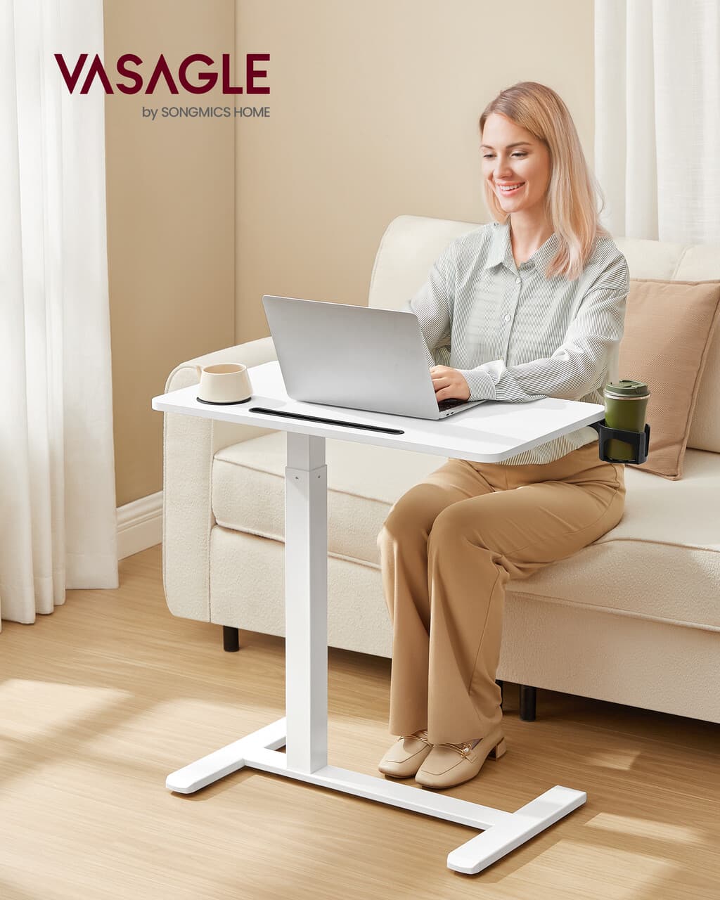 Masuta cu roti si inaltime reglabila pentru canapea, Vasagle, 70x40x65-102 cm, PAL/otel, alb cloud