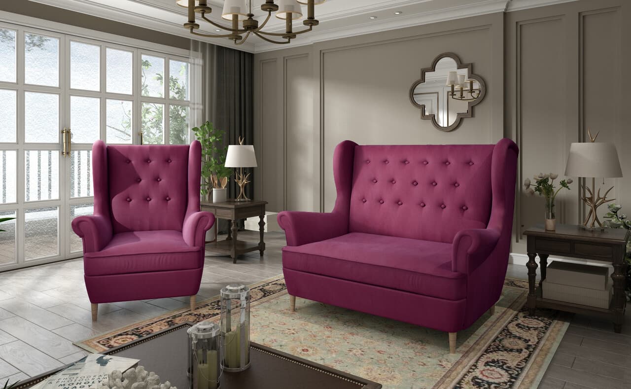 Set fotoliu si canapea 2 locuri ELTAP, Aros, 72x60x100 cm / 150x90x103 cm, lemn/poliester, fucsia