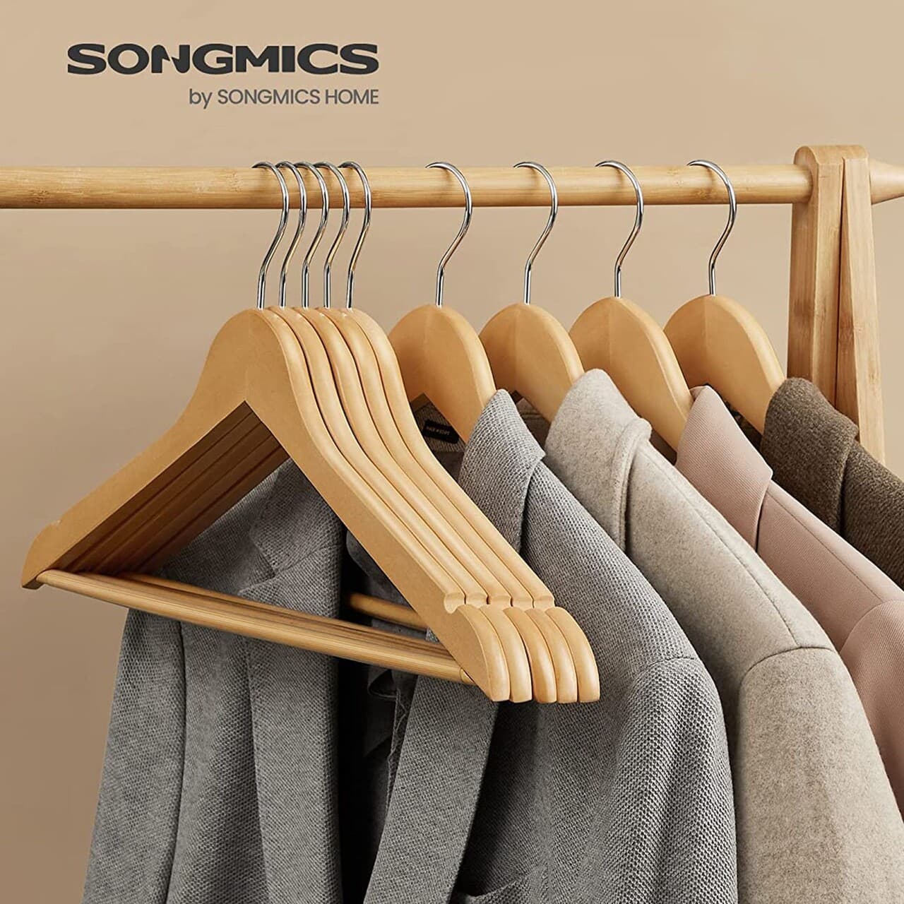 Set 20 umerase de lemn, Songmics, 44.5x1.2x23 cm, max 5 kg, lemn de artar, natural