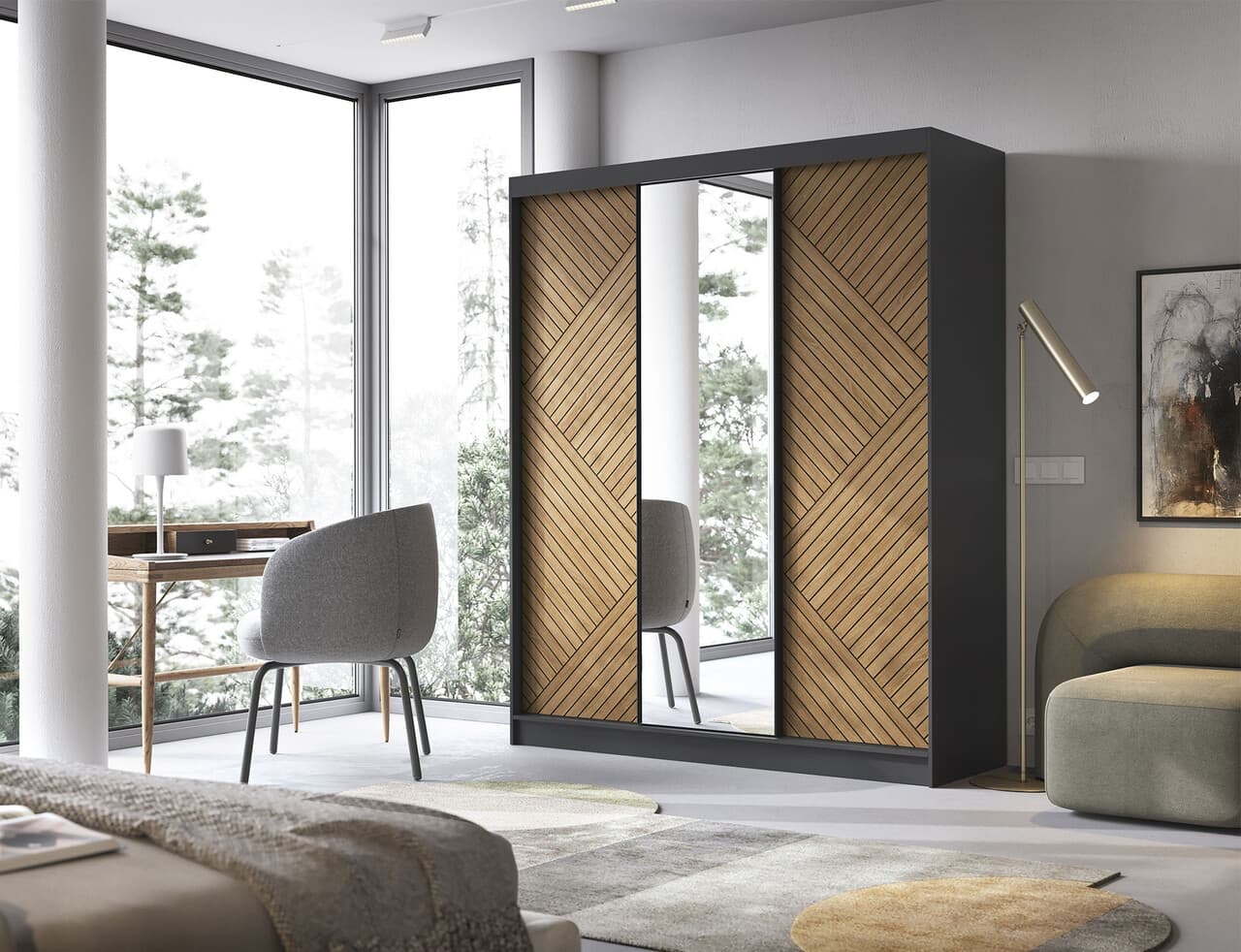 Dulap pentru haine cu oglinda ELTAP, Marrphy III, 180x60x220 cm, MDF/ABS, negru/maro