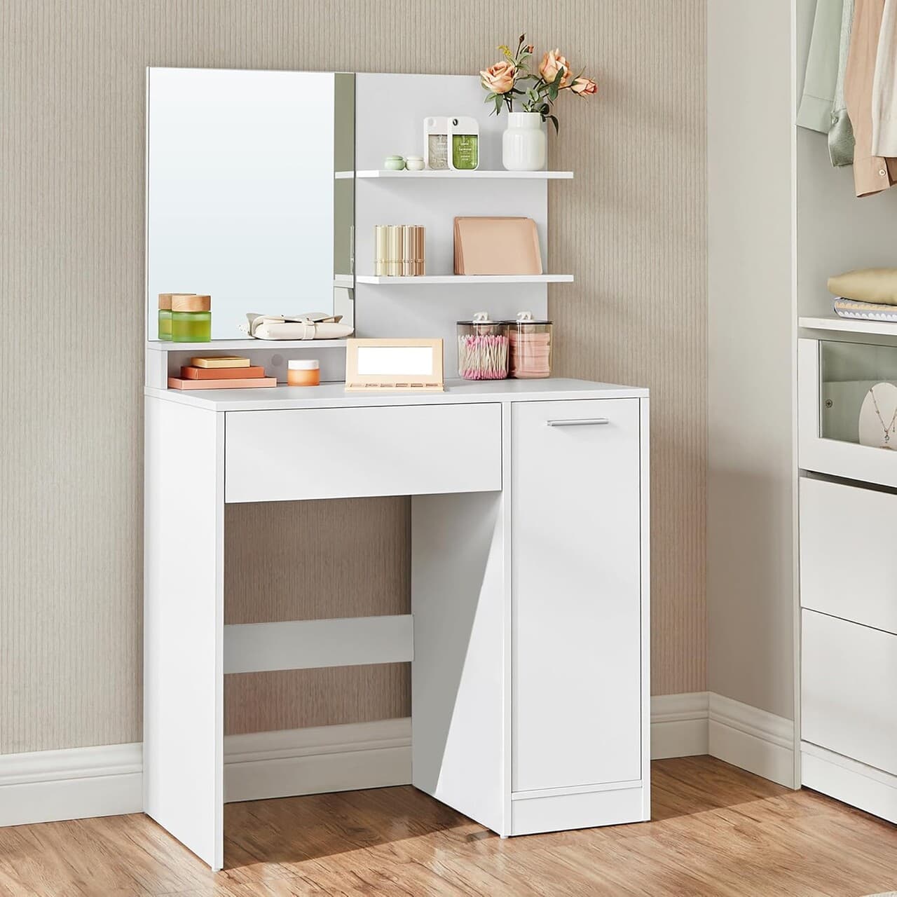 Masa de toaleta cu oglinda / masuta dressing, Vasagle, 80x40x132 cm, PAL/oglinda, alb