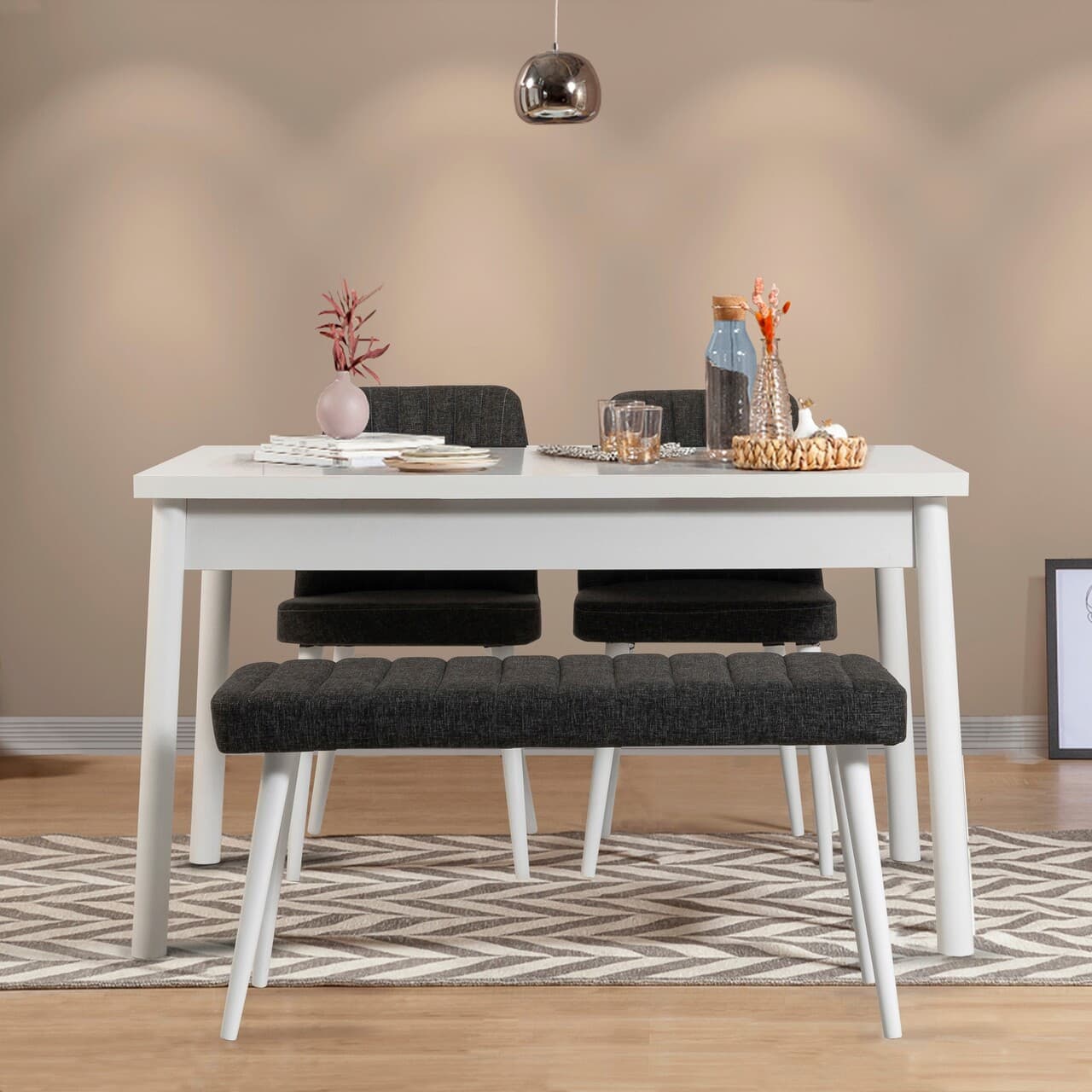 Set masa si scaune, 4 piese, Hanah Home, Costa White-Anthracite, Alb / Antracit