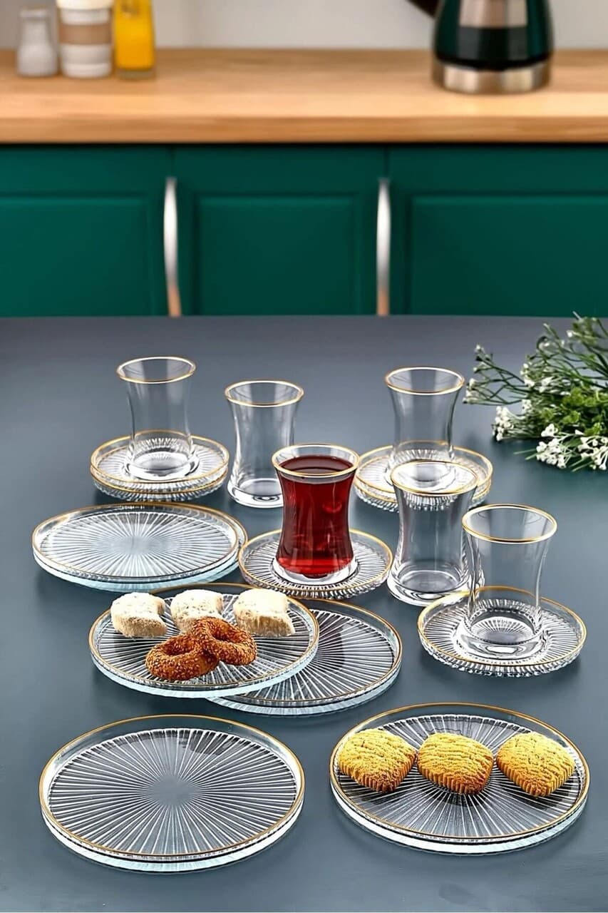 set de ceai 18 piese l 039 essentiel maison 111liv1101 farfurie 6 bucati auriu transparent