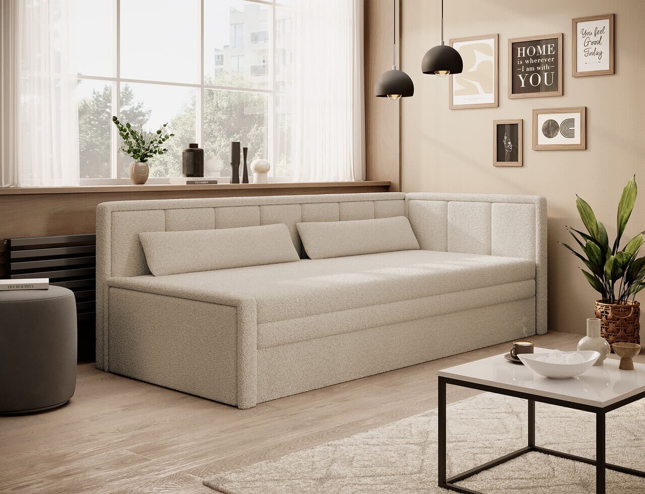 Canapea extensibila brat dreapta 3 locuri ELTAP, Fulgeo, 214x82x77 cm, lemn/catifea din poliester, bej