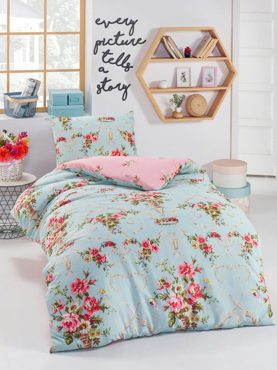 Lenjerie de pat pentru o persoana 2 piese, L'essentiel Maison, Alanur, 65% bumbac/35% poliester, Turquoise / Pink / Red / Green