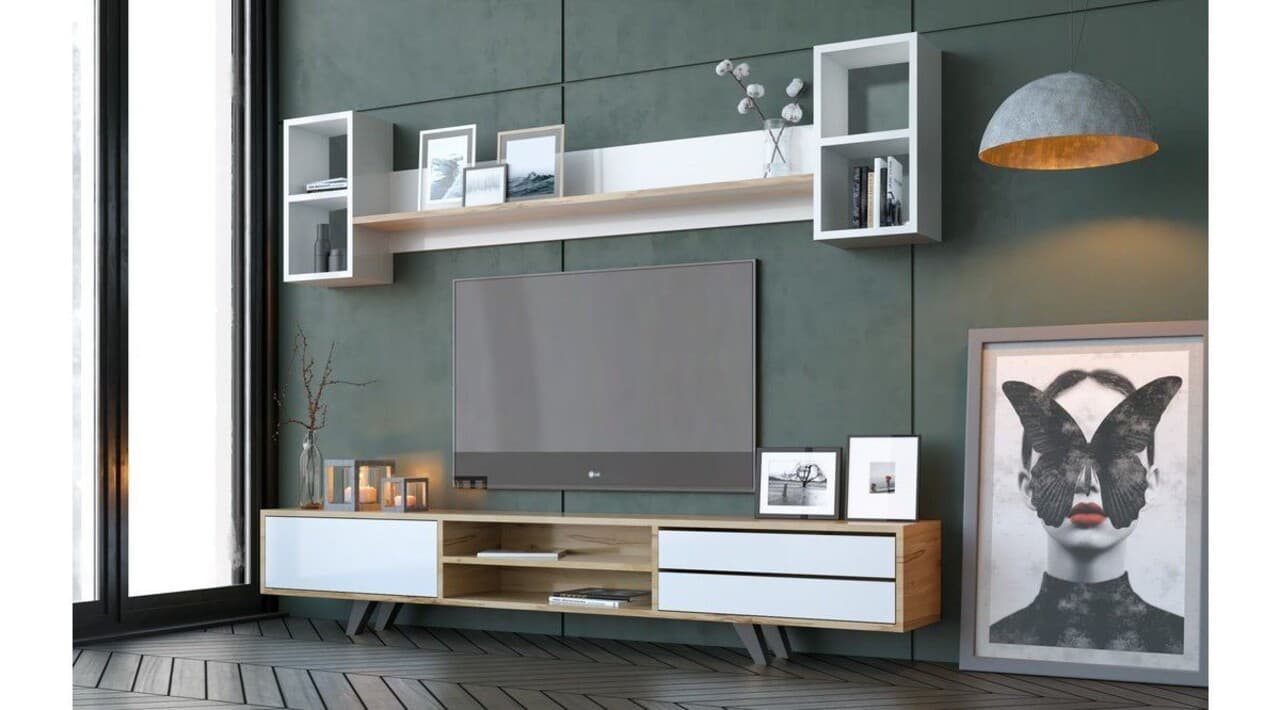 Comoda TV, Hanah Home, Rb-072, 180x45x40 cm, Alb / Stejar