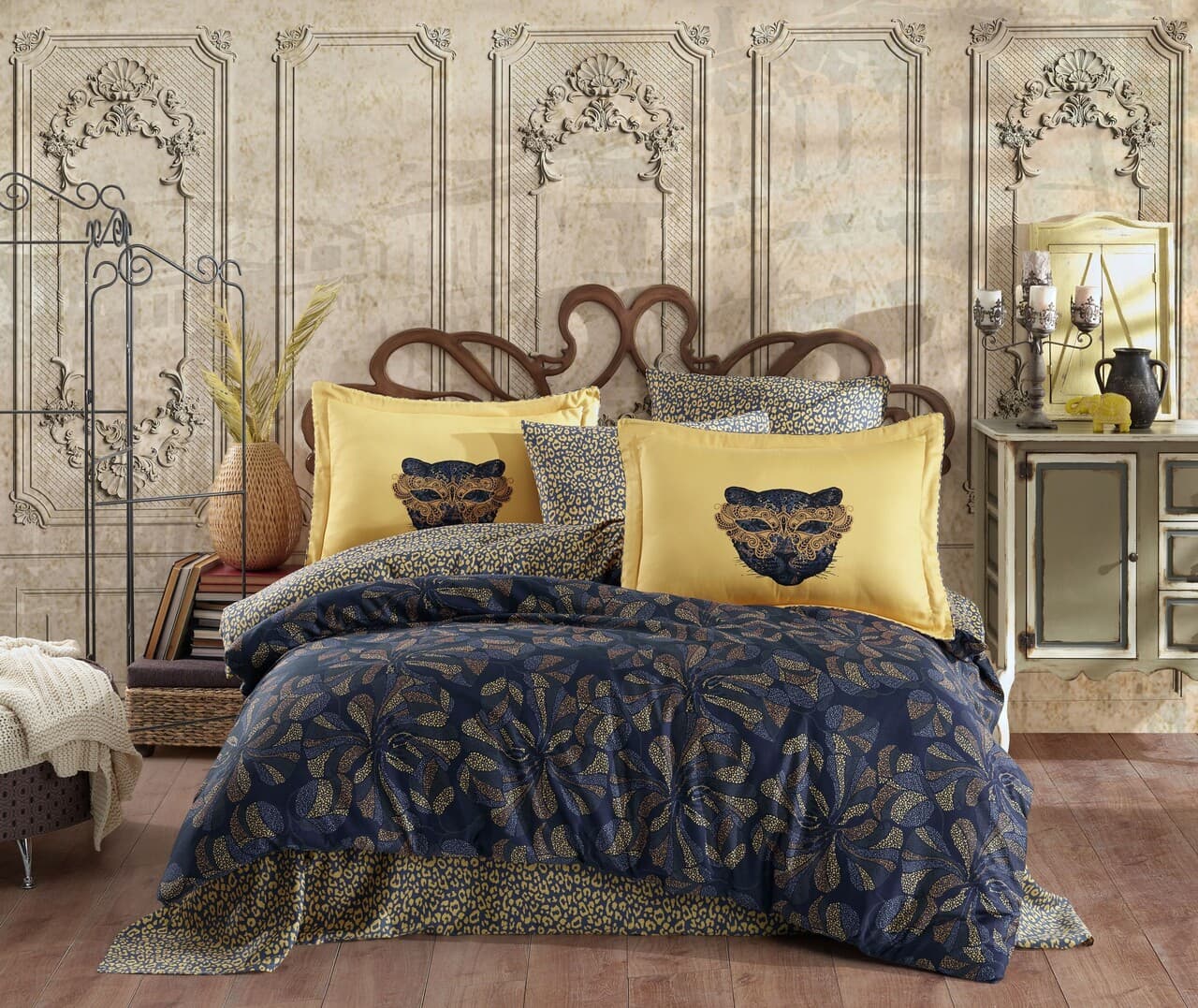 Lenjerie de pat dubla, L'essentiel Maison, Caprice, Galben / Albastru inchis