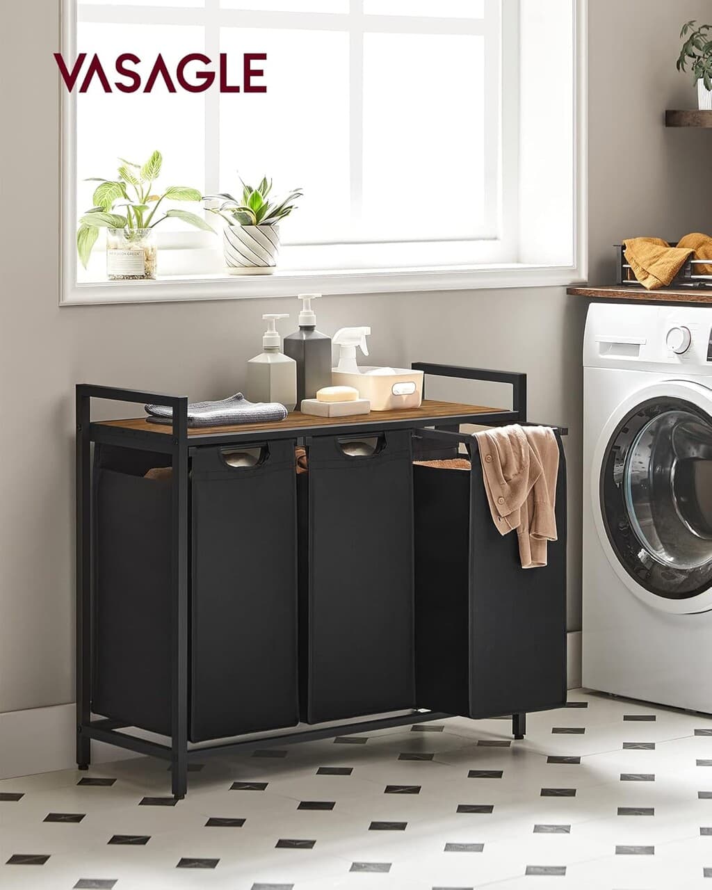 Cos de rufe cu 3 compartimente si raft depozitare, Vasagle, 92.5x33x72 cm, 3x38L, MDF/otel, maro/negru