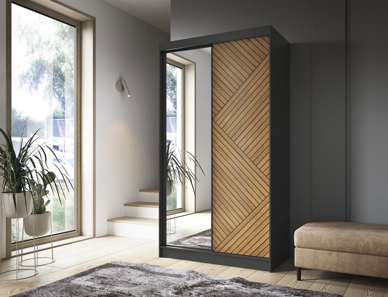 Dulap pentru haine cu oglinda ELTAP, Marrphy II, 120x60x220 cm, MDF/ABS, negru/maro