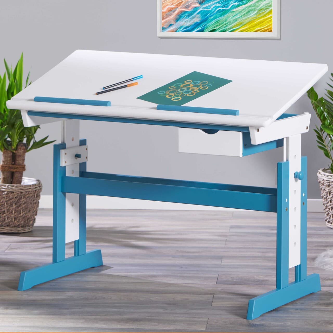 Birou pentru copii reglabil pe inaltime Pijii, Inter Link, 109x55x63-96 cm, lemn, alb/albastru