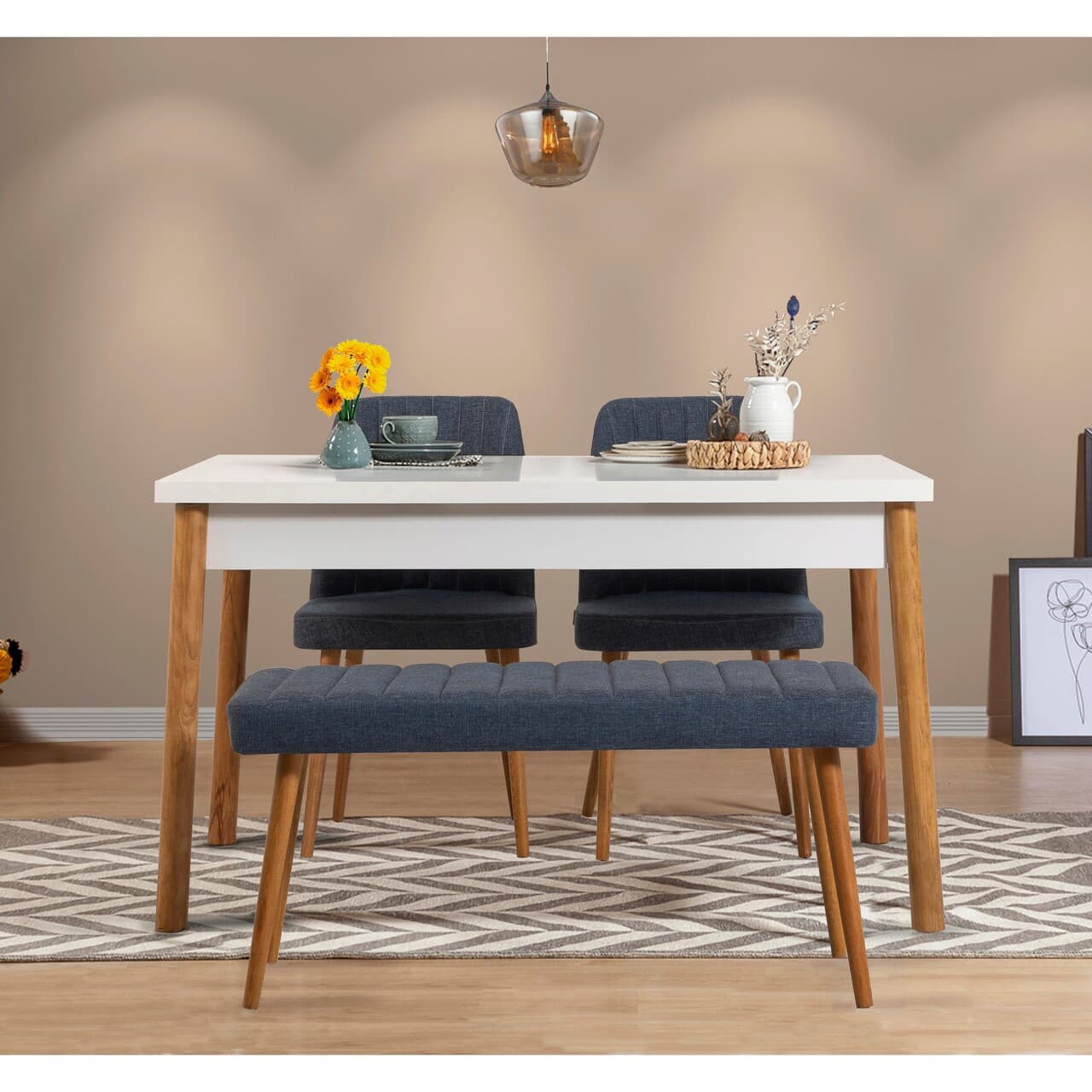 Set masa si scaune, 4 piese, Hanah Home, Costa Atlantic-White Navy Blue, Pin Atlantic / Albastru Marin