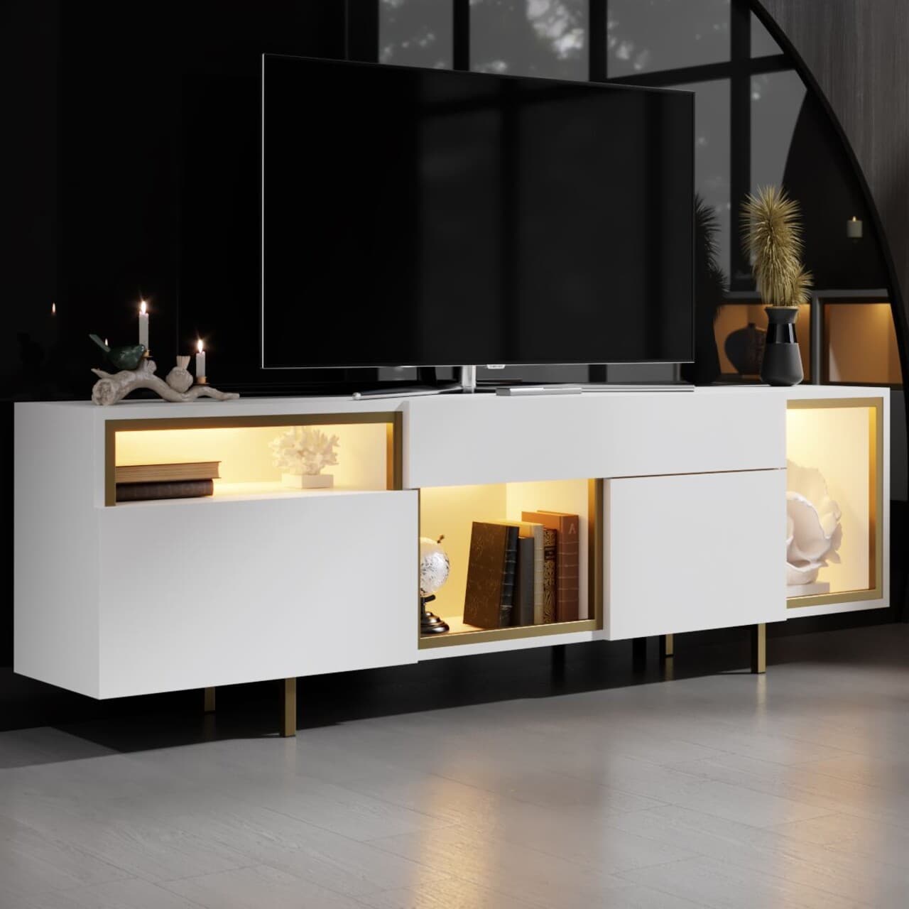 Comoda TV, Hanah Home, Norm, 180x55x32 cm, Alb/Auriu