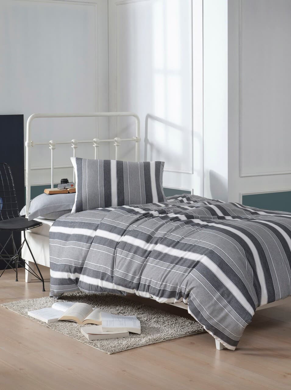 Lenjerie de pat pentru o persoana 2 piese, L'essentiel Maison, Dakar, Bumbac;Poliester, Negru / Gri / Alb