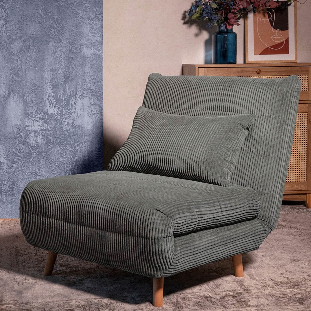 Canapea extensibila 1 loc Solace, Homla, 83x91x84 cm, MDF/catifea din poliester, gri