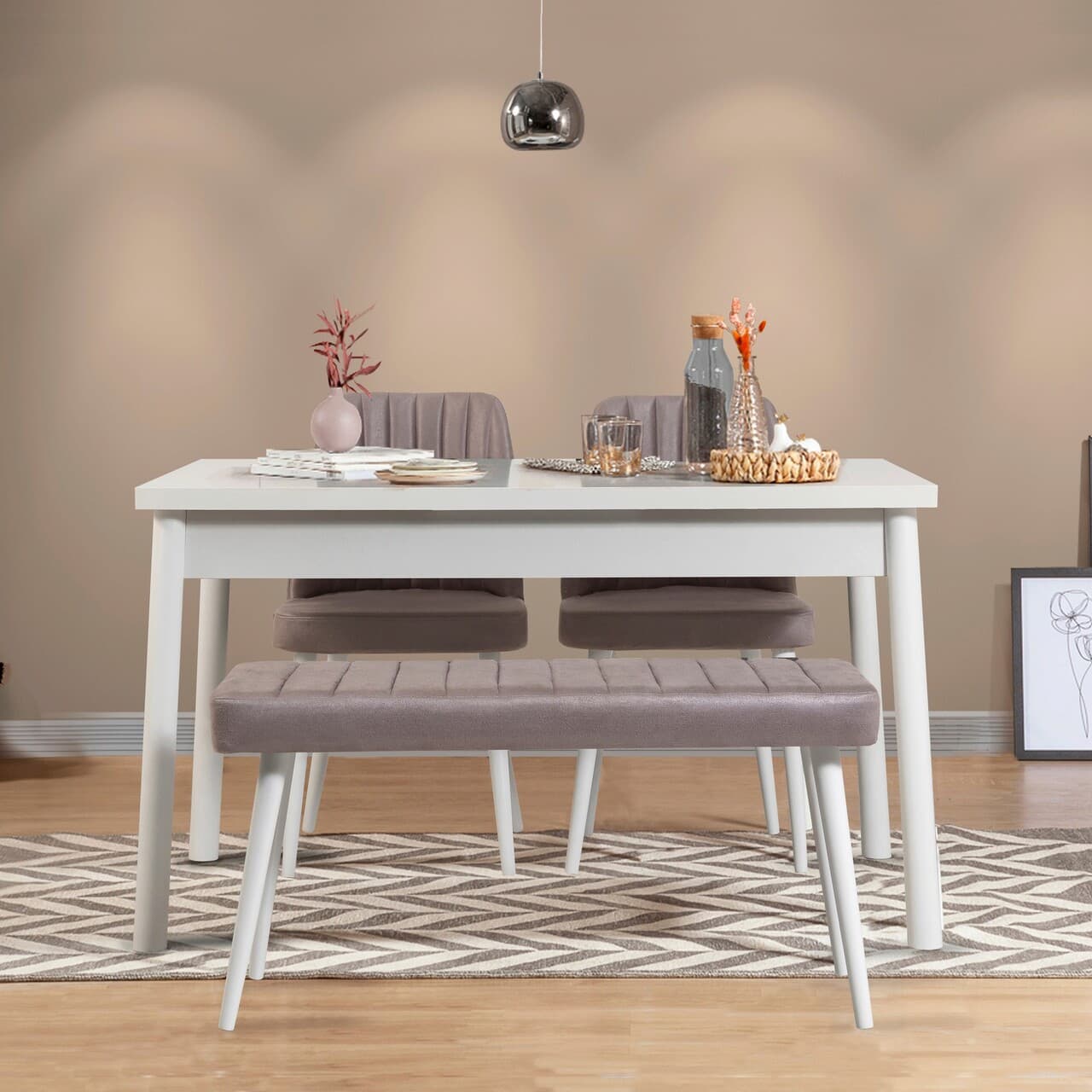 Set masa si scaune, 4 piese, Hanah Home, Costa White-Grey, Alb/Gri