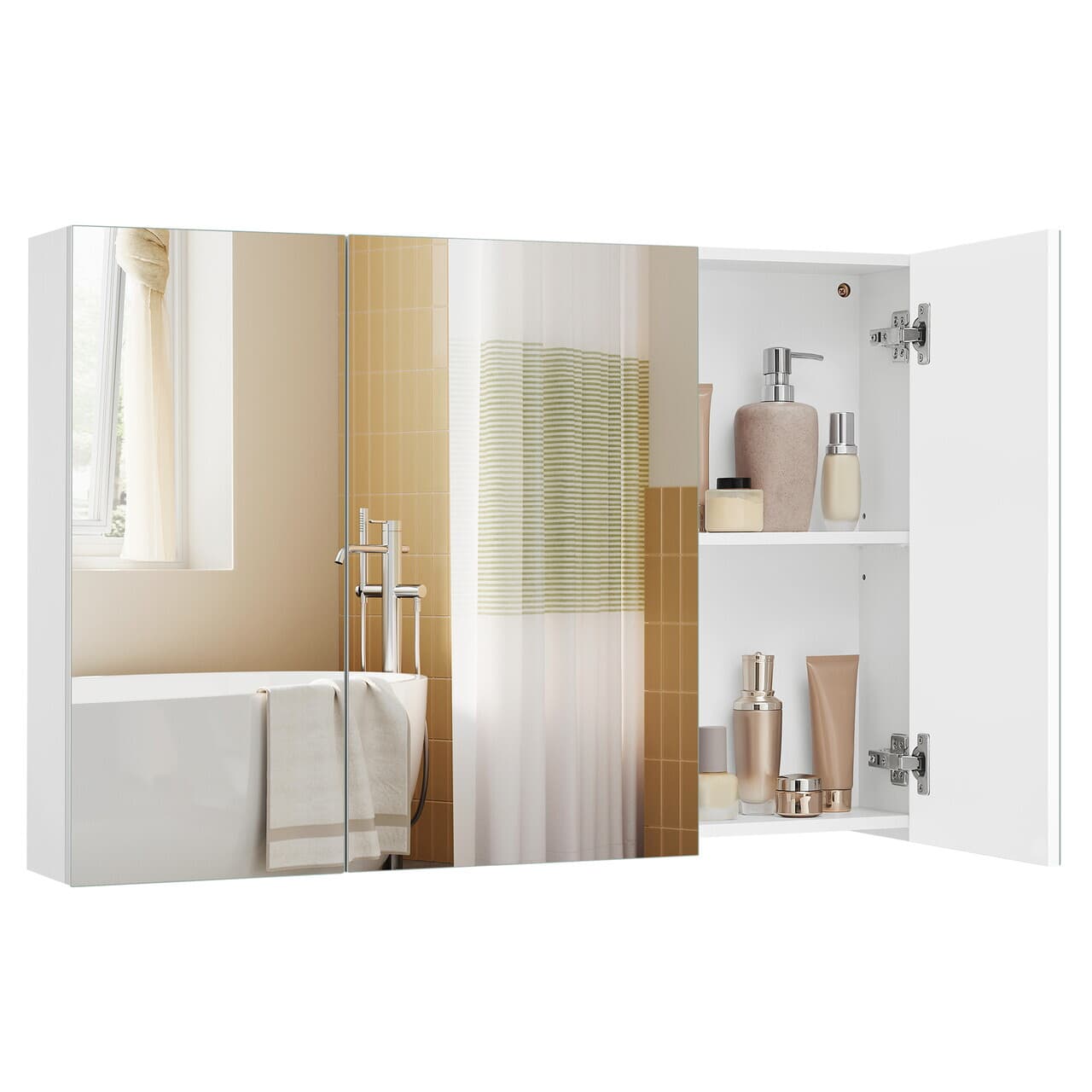 Dulap baie cu oglinda Vasagle, 3 usi si rafturi reglabile, 90x15x60 cm, PAL/sticla, alb