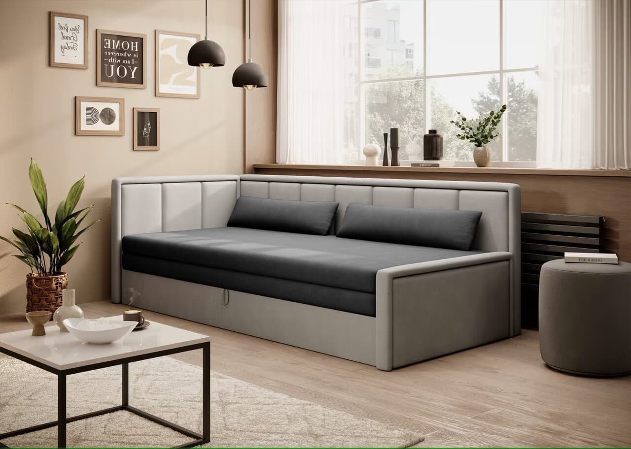Canapea extensibila brat stanga 3 locuri, ELTAP, Fulgeo, 214x82x77 cm, lemn/catifea din poliester, gri inchis/gri deschis